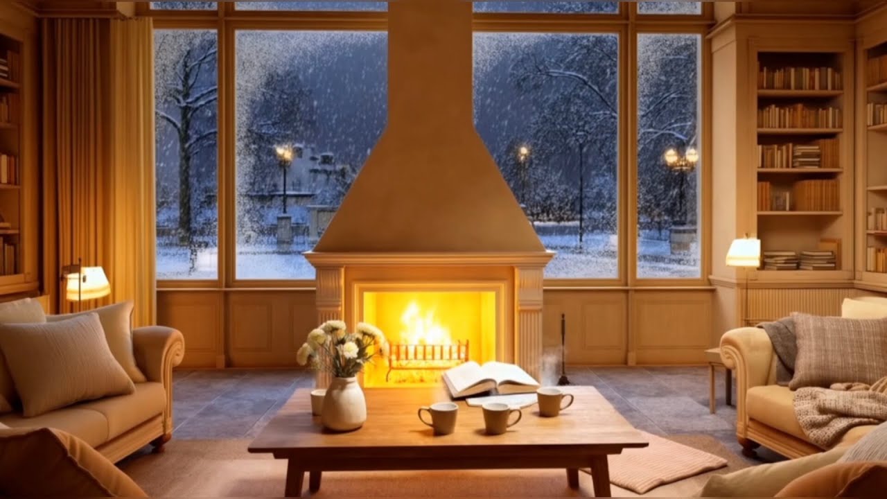 Warm Fireplace & Smooth Jazz Piano ❄️ Snowy Evening Ambience for Sleep & Deep Relaxation
