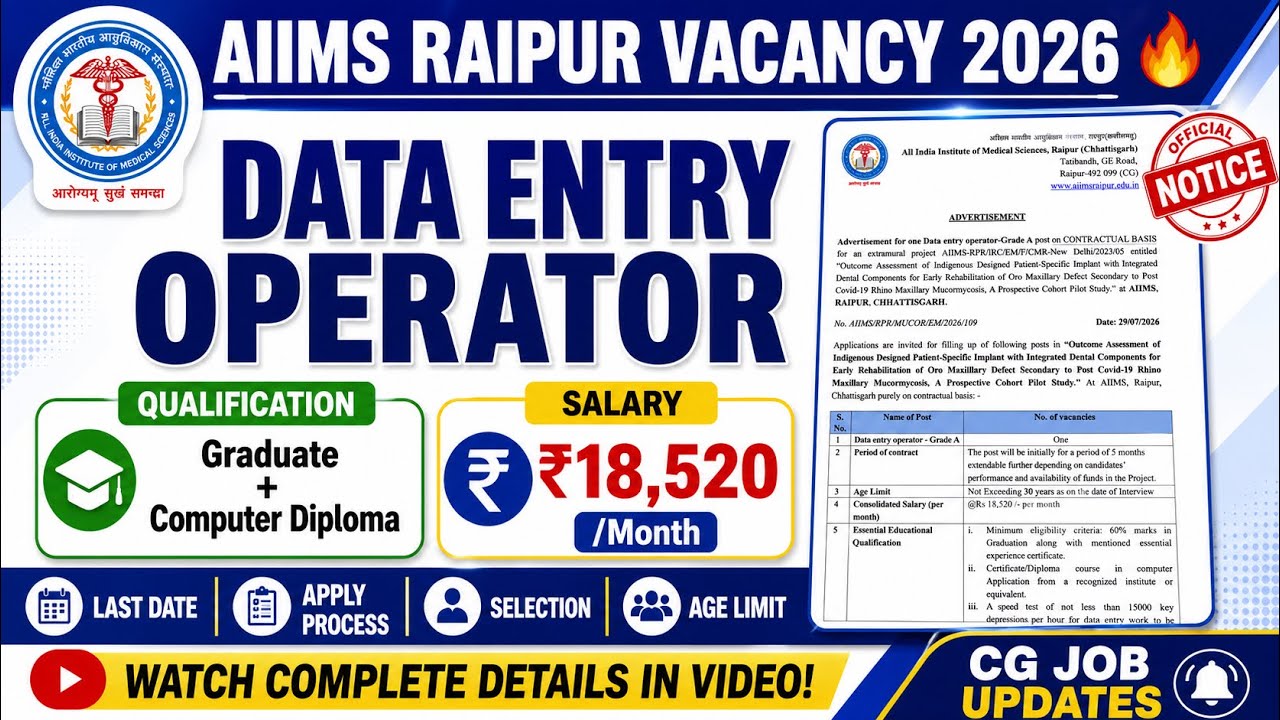 AIIMS Raipur Data Entry Operator Vacancy 2026 🔥 | Graduate Pass Jobs | Salary ₹18,520 /- Apply Now 