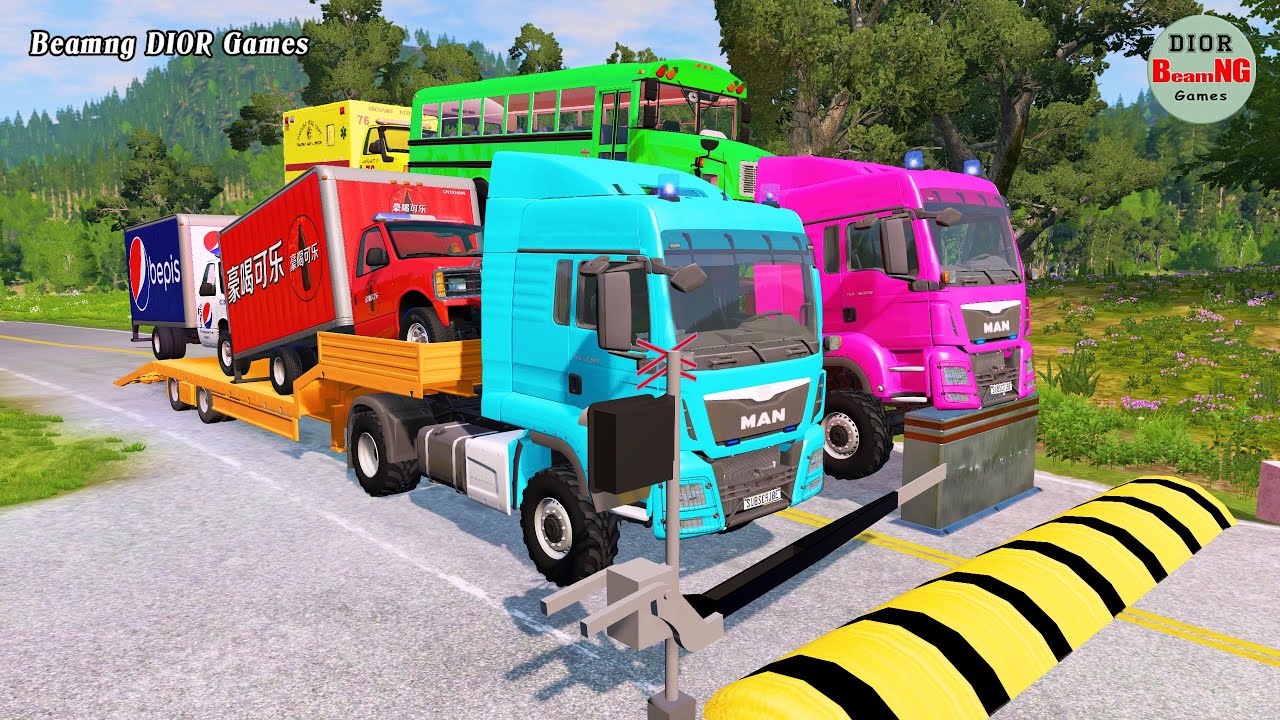 Double Flatbed Trailer Truck vs speed bumps|Busses vs speed bumps|Beamng Drive|1308