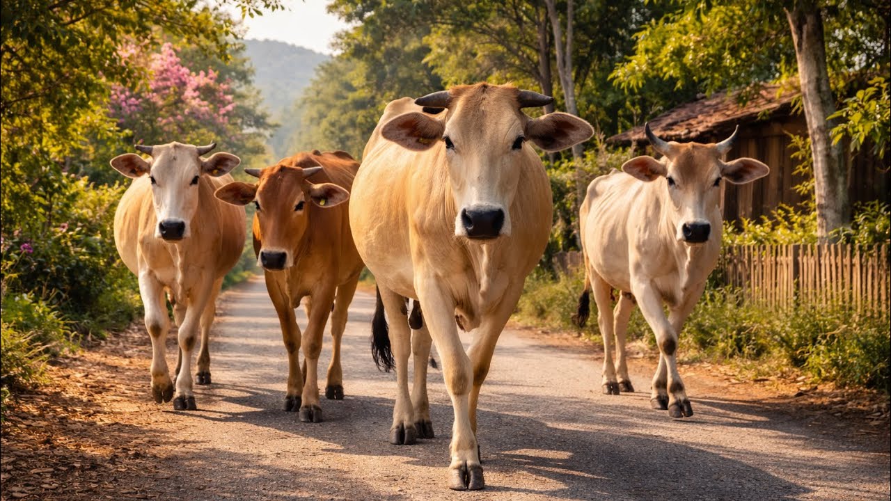 A Joyful Herd Journey Through the Quiet Village Path