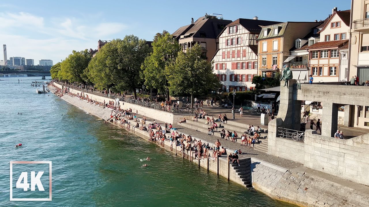 BASEL Switzerland Barfüsserplatz Rhine River Swimming • 4K 60fps ASMR Real Time Virtual Walking Tour