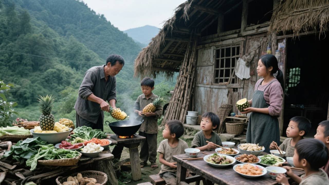 【一家七口隐居深山】爸爸给孩子带回来一个凤梨，妈妈用凤梨来炒鸡，孩子们吃的真高兴！#农村生活#vlog