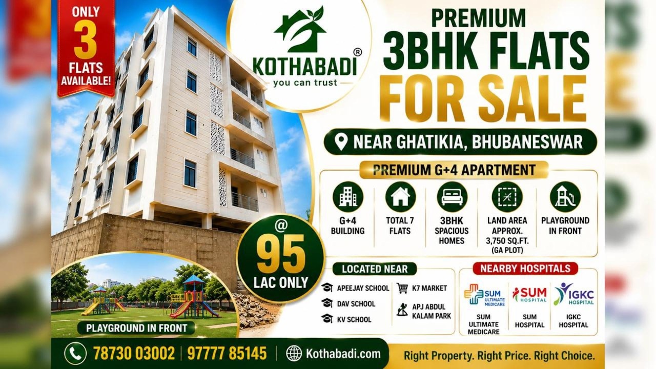 🔥 3BHK Flat for Sale Near Ghatikia Bhubaneswar @ ₹95 Lakh | Near SUM Hospital Premium G+4 Apartment