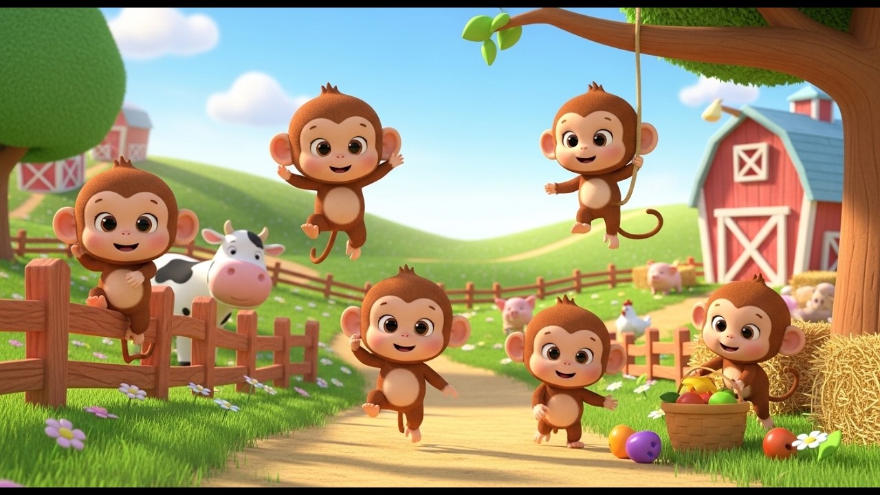 Five Little Monkeys on Macdonald Farm 🐒 | Funny Animal Song for Kids