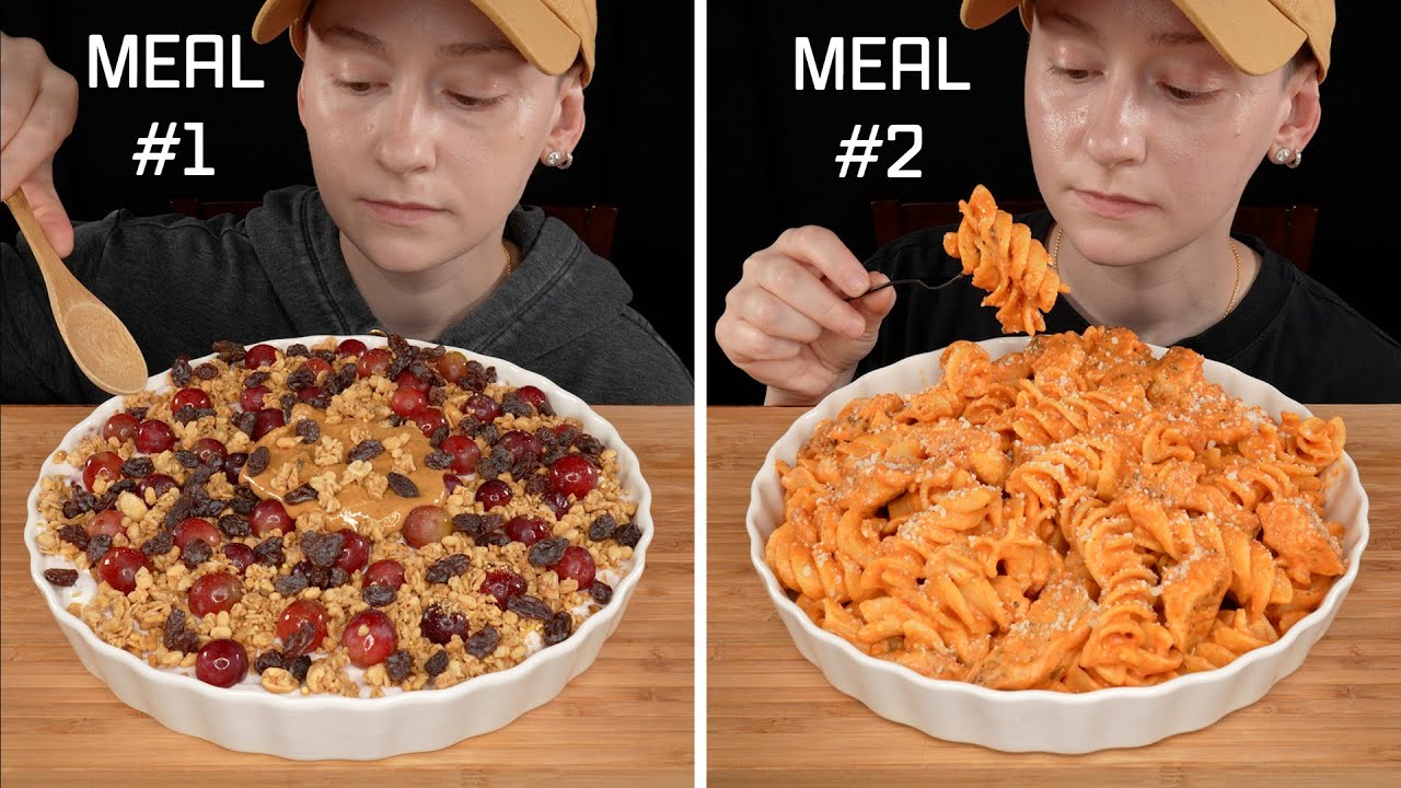 ASMR Peanut Butter & Jelly Fruit And Granola Yogurt Bowl, Giant Chicken Pasta Mukbang