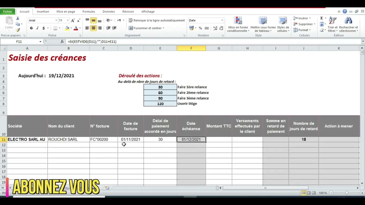 Application pour la Gestion des relances Clients en Excel avec les impayés