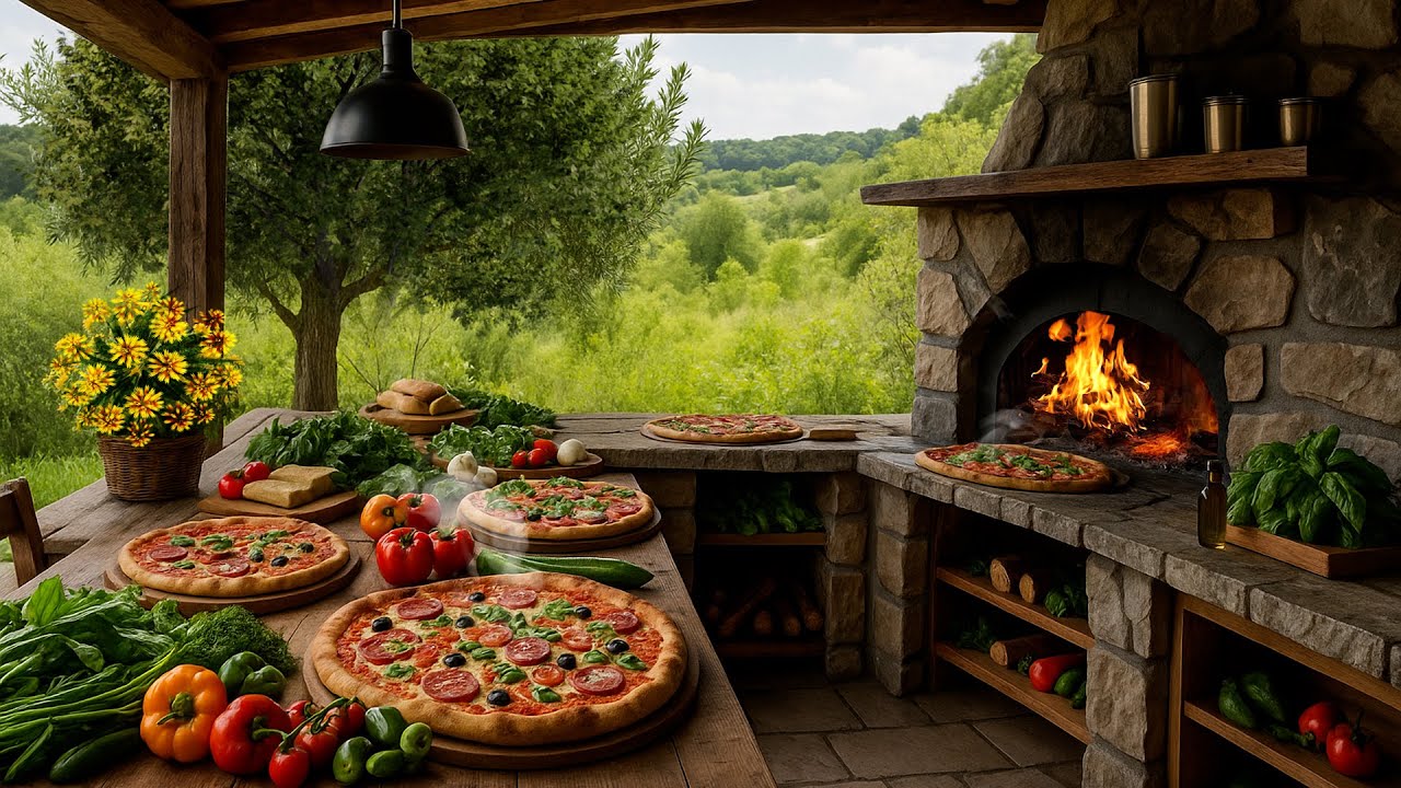 Cozy Pizza Kitchen Ambience – Crackling Woodfire Oven & Gentle Birdsong for Relaxation 🍕🔥🕊️