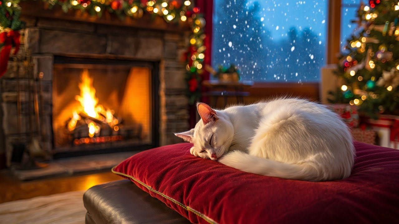 Cozy Holiday Fireplace | Cat Purring and Crackling Fire for Deep Sleep