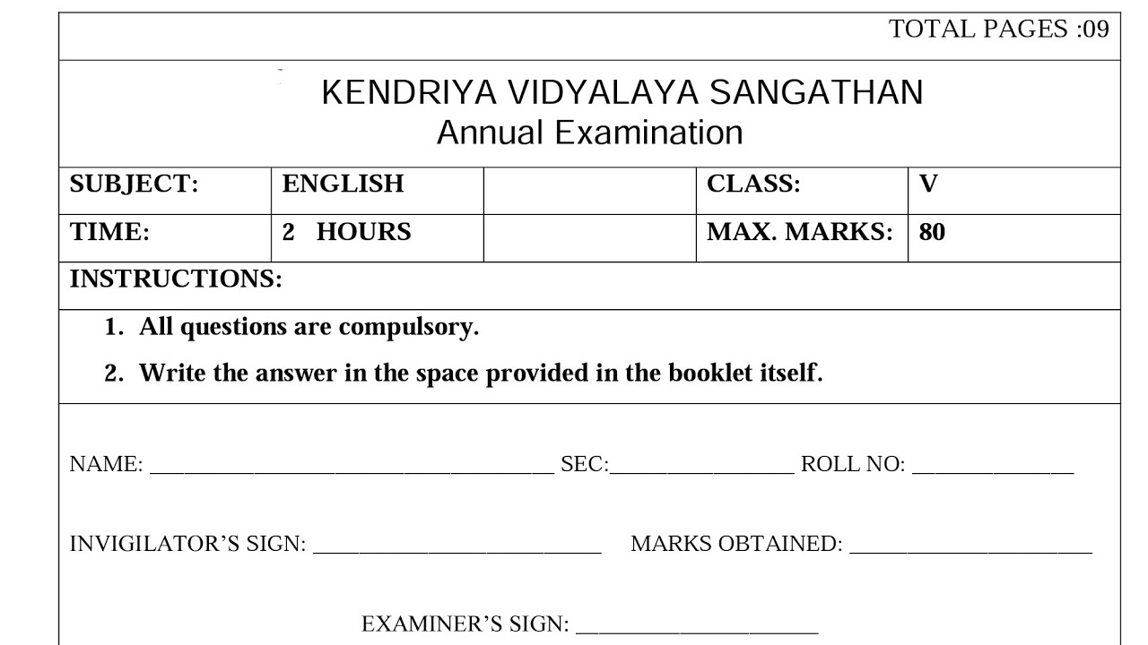 Class-5 ENGLISH / Annual Exam Question Paper / Previous Session Ending Paper of KENDRIYA VIDYALAYA