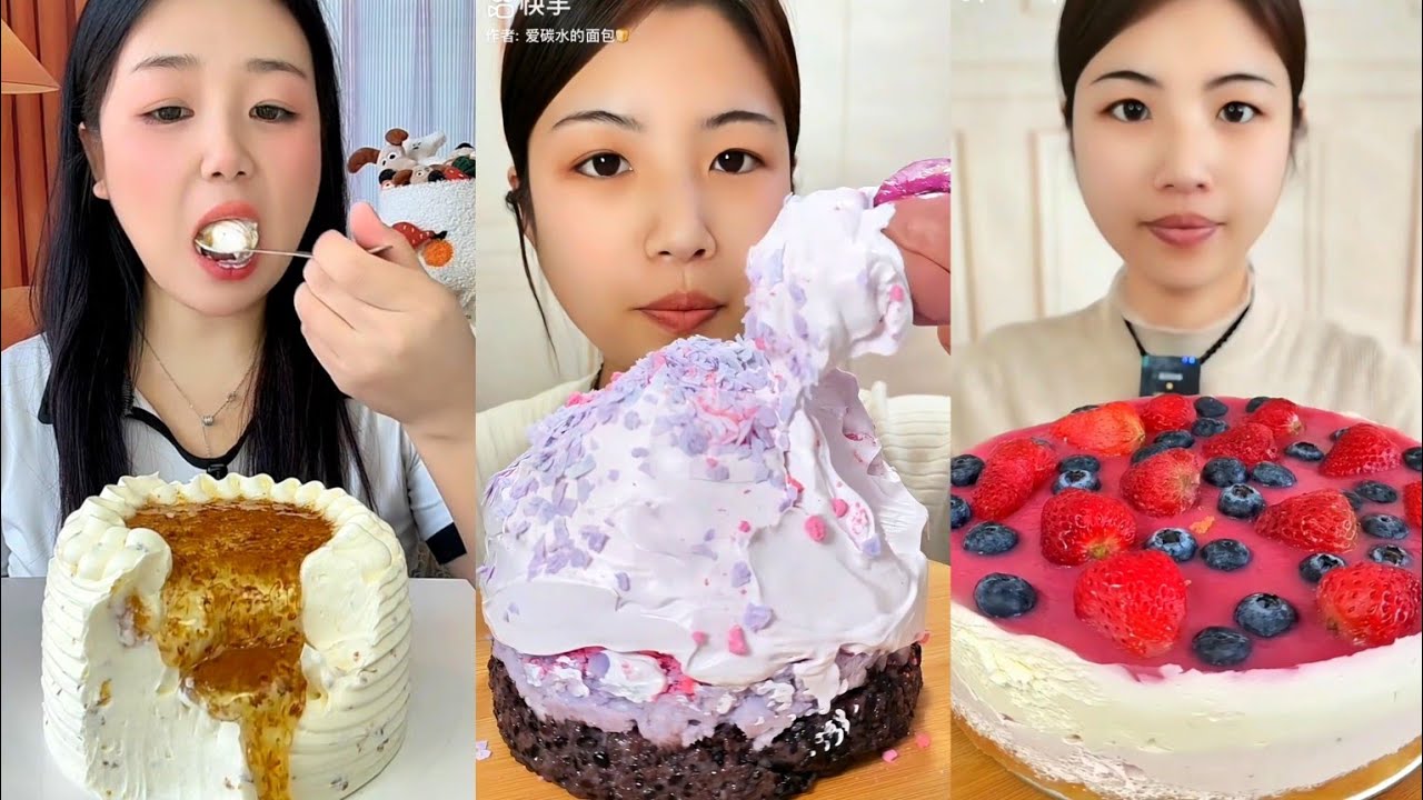 ASMR🍰Eating🍰Pure Lavender Frosting Red Cream Cake🫐🍓Soft Chewy Mukbang 케이크     #asmr #explore #cake