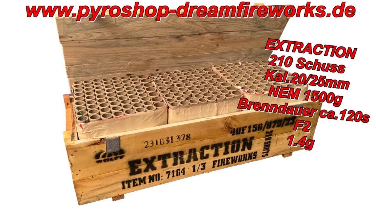 7164 Extraction 210 Schuss Kal.20/25mm NEM 1500g F2 1.4G ca.2min Preis ca.159 Euro Dreamfireworks