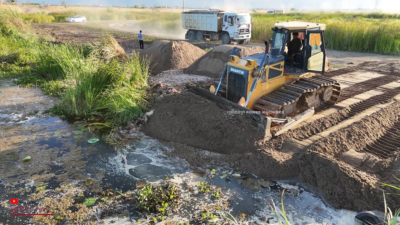 Excellent Burying Huge Pond Water Using Sand SHANTUI Bulldozer Pushing and Dump Tucks Unlonding