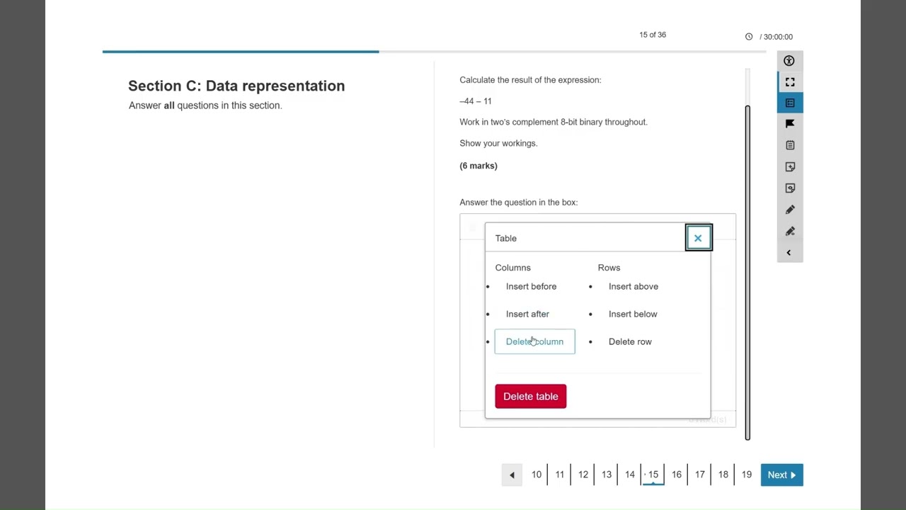 Taking an Onscreen Test - Using the Table Tool