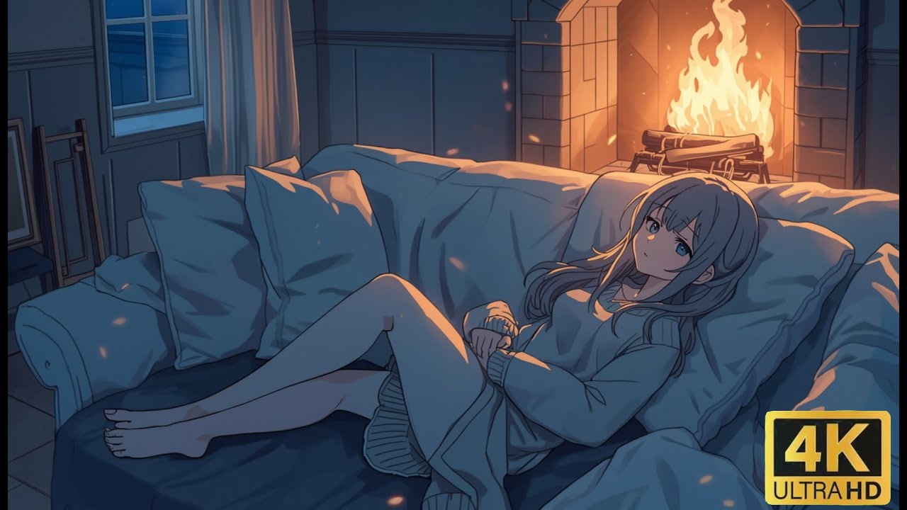 Late Night Anime Vibes 🌙 Cozy Bed & Fireplace 4K | 1 Hour Loop