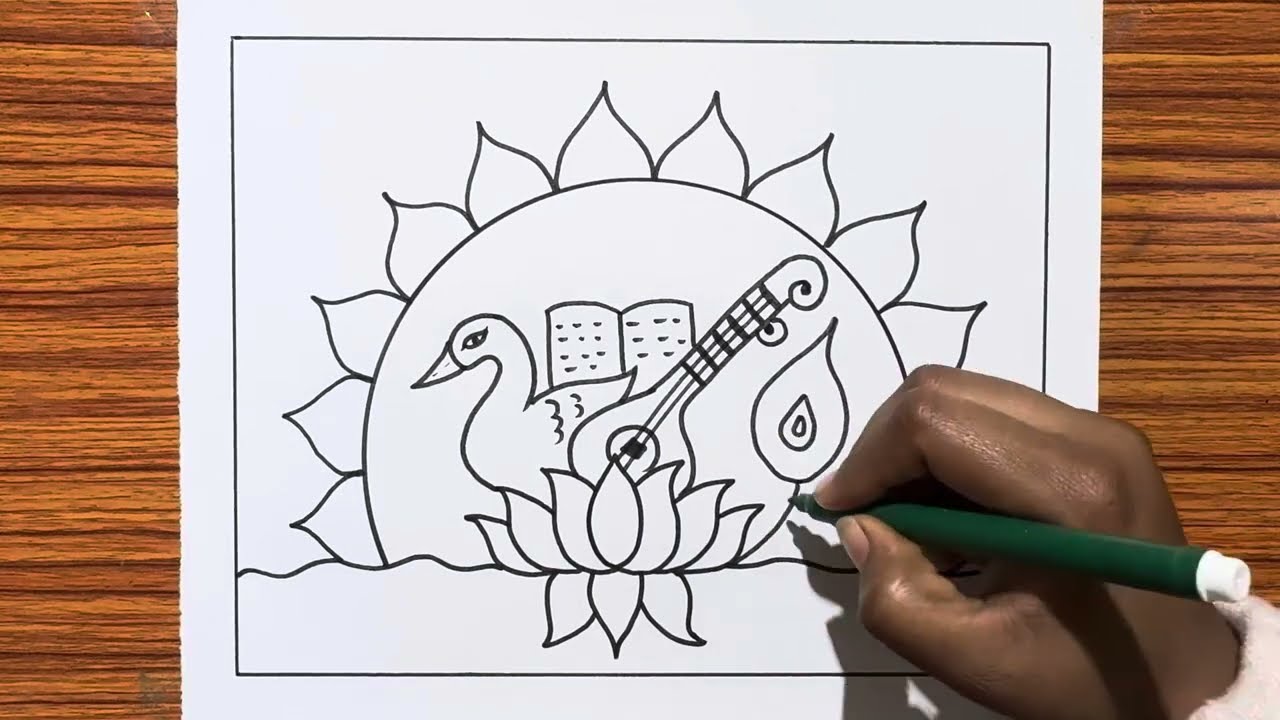 Saraswati Puja Poster Drawing / Saraswati Pooja Drawing / How to Draw Saraswati puja Drawing
