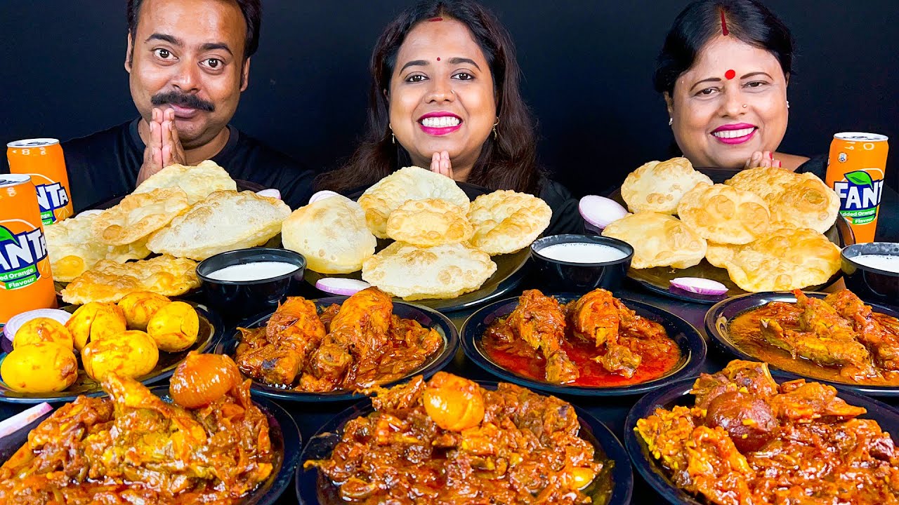 Spicy Mutton Curry, Spicy Chicken Curry, Spicy Egg Curry With Luchi Eating Challenge Big Bites