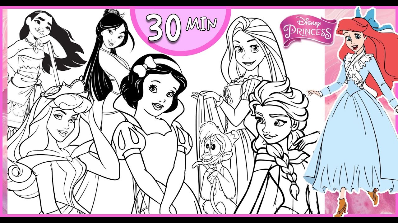 LONG Disney Princess Coloring Page Compilation 30 MIN ARIEL SNOW WHITE ELSA ANNA TIANA BELLE MULAN