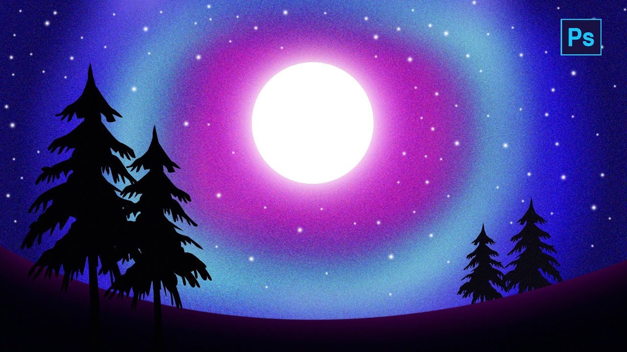 Beautiful Moon Light Landscape Scenery Drawing in Photoshop