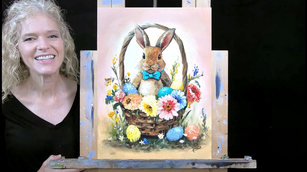 EASTER BUNNY BASKET- Learn How to Draw and Paint with Acrylics-Fun Beginner Acrylic Painting Lesson