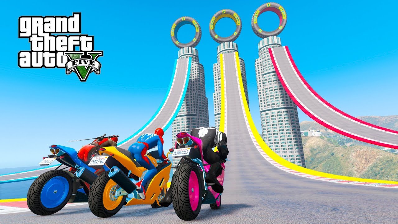 Desafio de MOTOS com Homem Aranha e Super Heróis! Salto Épico sobre Prédios - GTA V Mods
