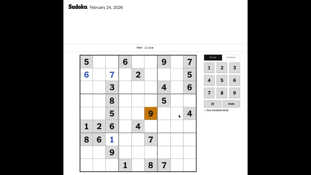 New York Times Sudoku Hard Solution for February 24, 2026: Solving without Markings