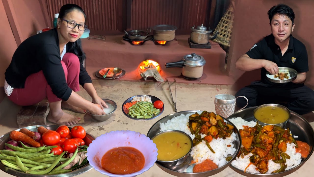 Nepali Couple Cooking Recipe: Beans Aloo  Sabzi & Lentils with Rice || Authentic Village Cooking