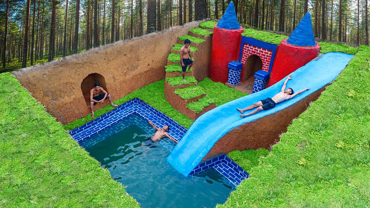 Building Water Slide Park Into Underground Swimming Pool and Underground House