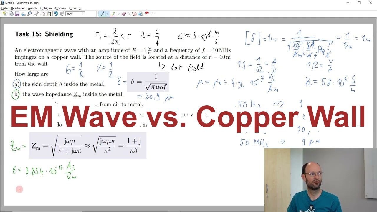 Shielding of a plane wave by a copper wall: skin depth, wave impedance, reflection and transmission