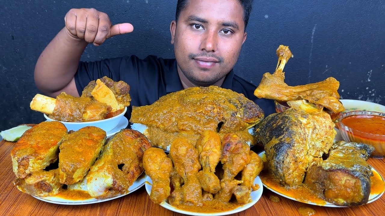 EATING BIG BIG FISH CURRY ,MUTTON LEG PIECE CURRY ,CHICKEN LEG PIECE WITH RICE | WHOLE FISH EATING 