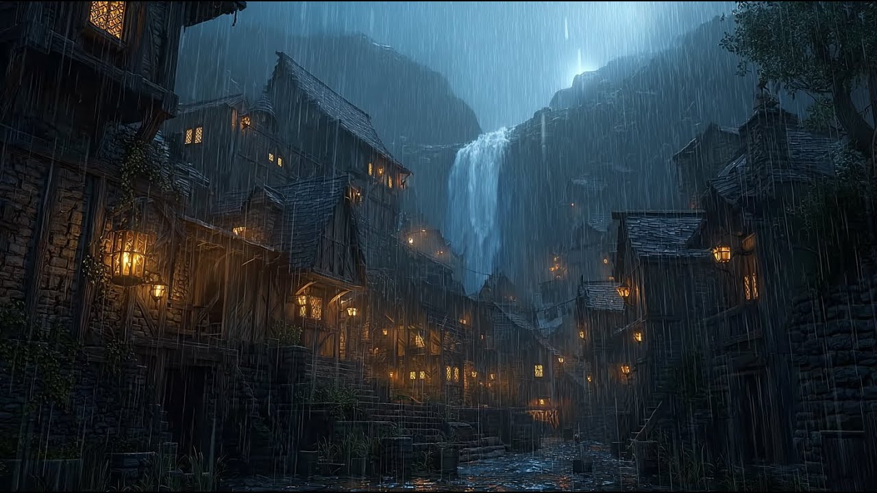 Dark Fantasy Village Rain Ambience 🌧️🏘️ | Medieval Town, Thunderstorm & Waterfall Sounds
