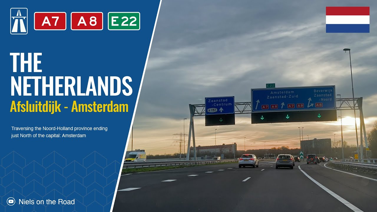 Driving in the Netherlands: Rijksweg A7 E22 & A8 from Afsluitdijk (Den Oever) to Amsterdam