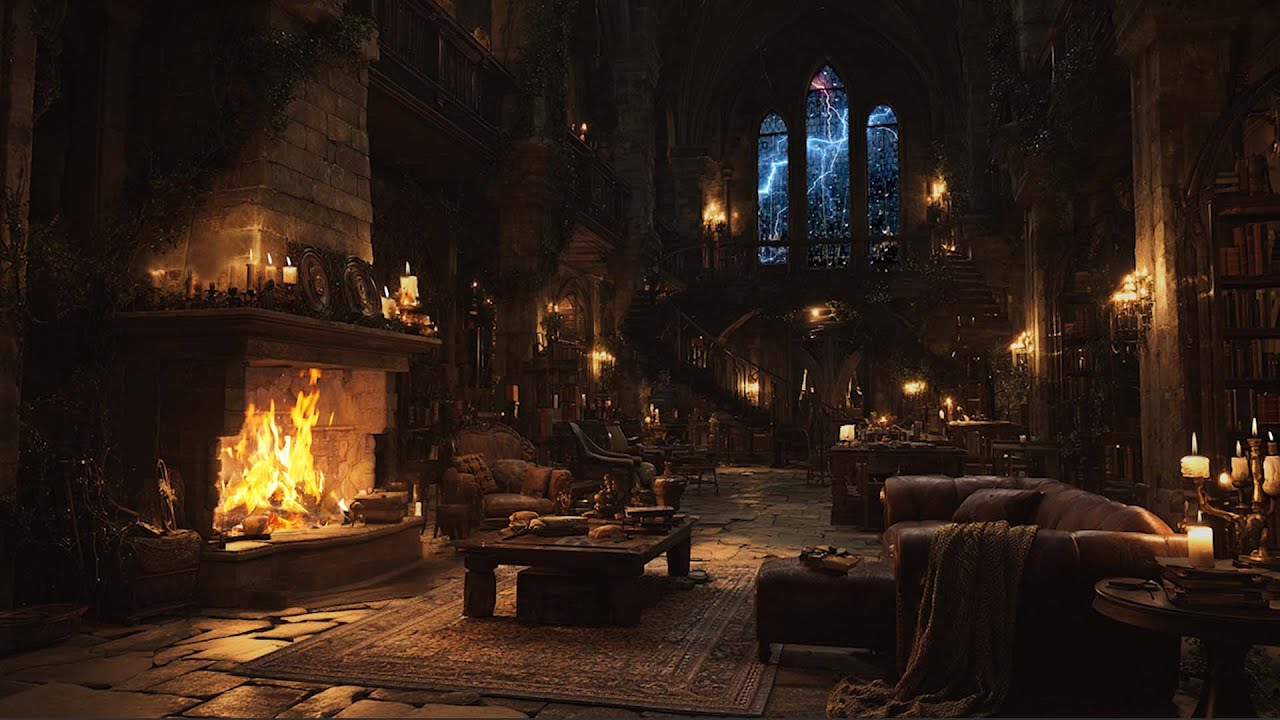 Relaxing Castle Heavy Rain Ambience – Thunderstorm & Cozy Fireplace Sounds for Peaceful Sleep