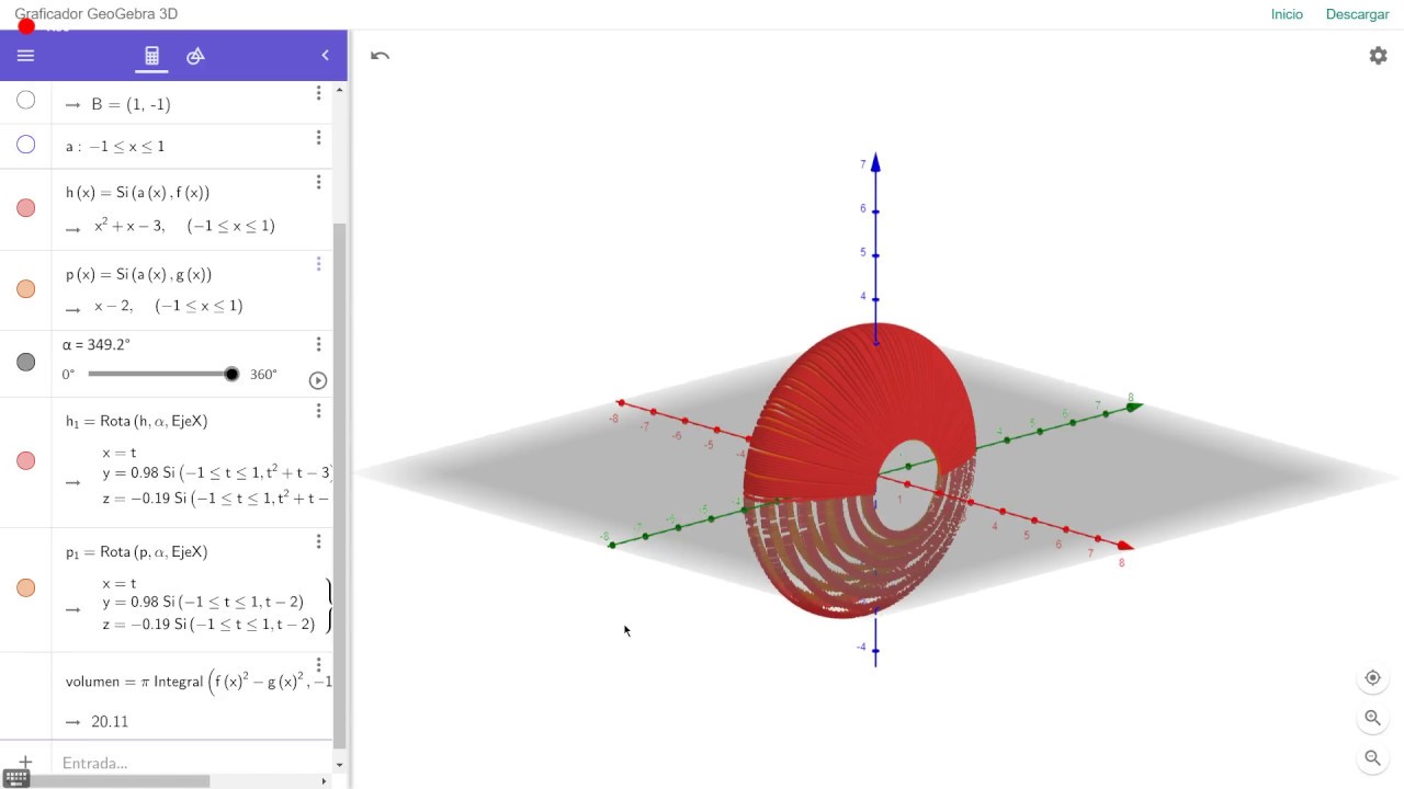 Grafica de sólidos de revolución y su volúmen en Geogebra
