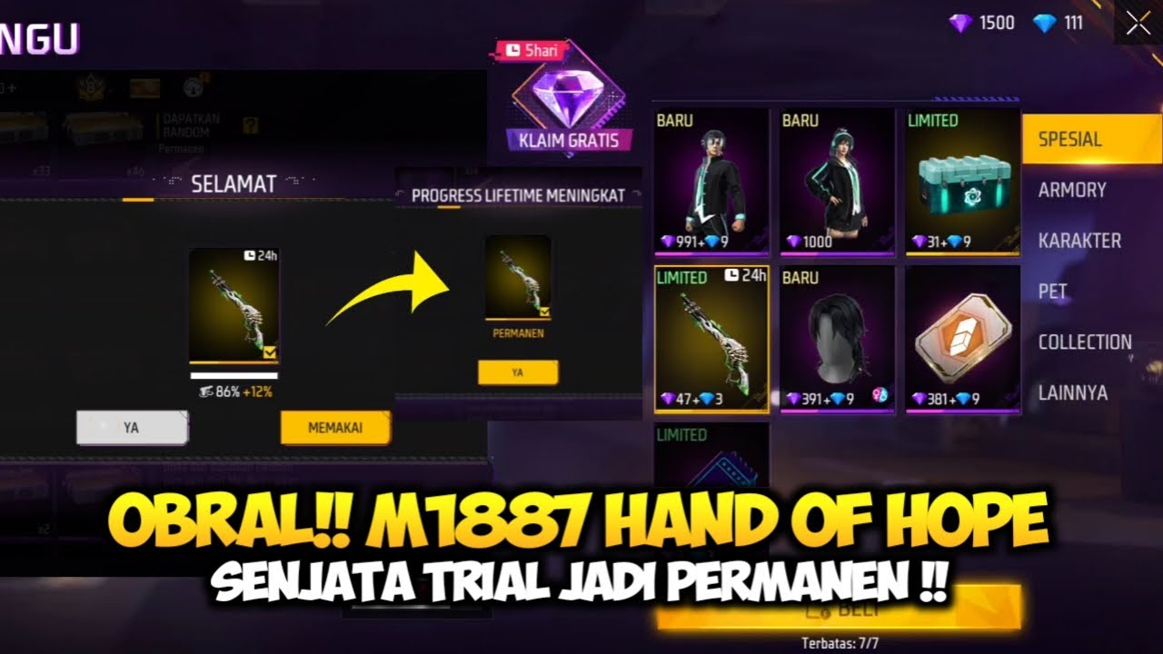 M1887 HAND OF HOPE EVENT DIAMOND UNGU FF! CARA UBAH SENJATA TRIAL JADI PERMANEN