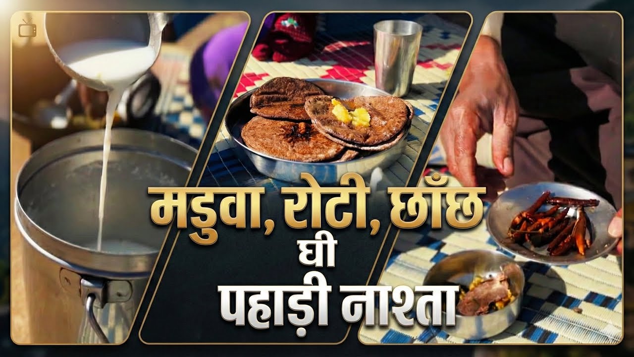 शुद्ध पहाड़ी नाश्ता: मडुवे की रोटी में घी का डलका, छांछ,भुनी लाला मिर्च। 