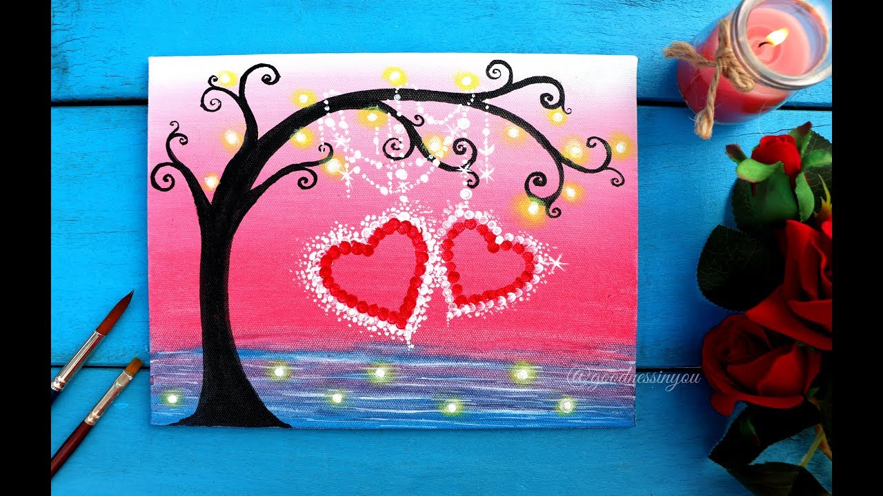Easy Valentine's Special Tree with Hanging Hearts Painting for Beginners + GIVEAWAY
