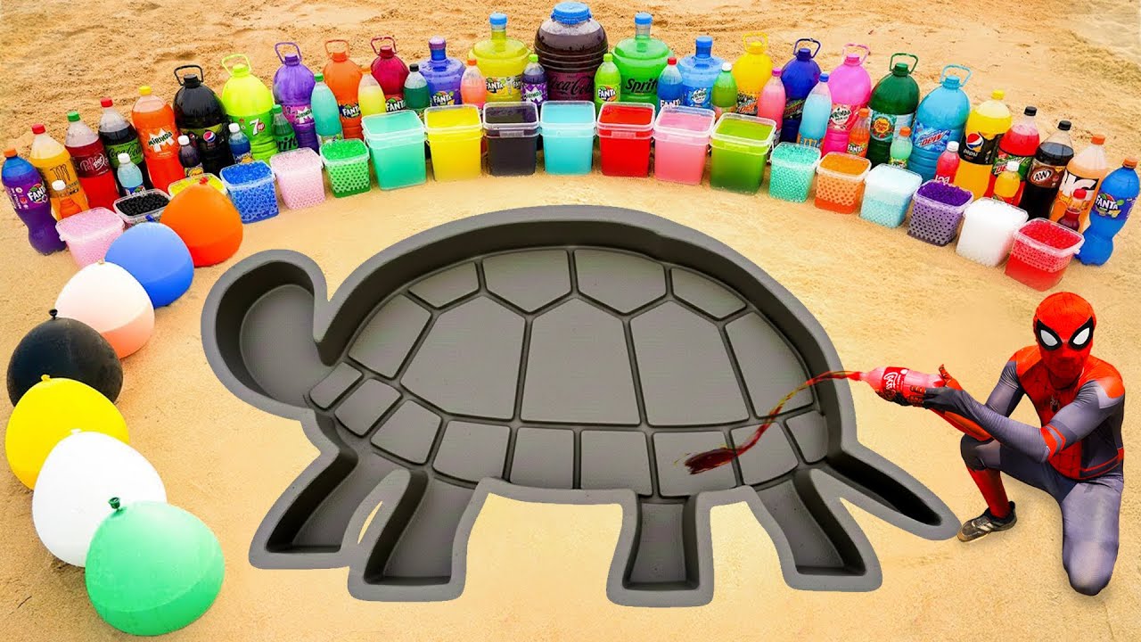 How to make Turtle Hole with Cement, Big Coca Cola, Mtn Dew, Pepsi, Fanta vs Mentos & Popular Sodas