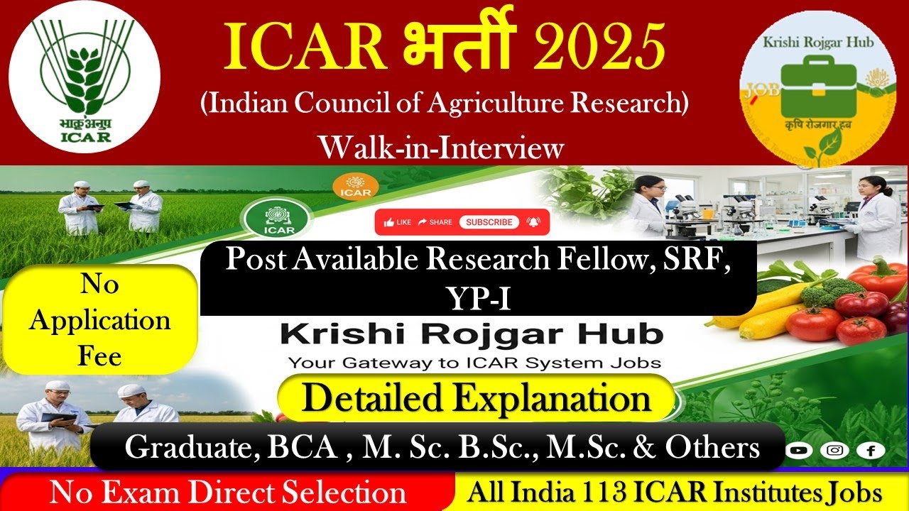 ICAR Jobs 2025 II NDRI Karnal Vacancy II YP II SRF II Research Fellow II Agriculture Jobs I Govt Job
