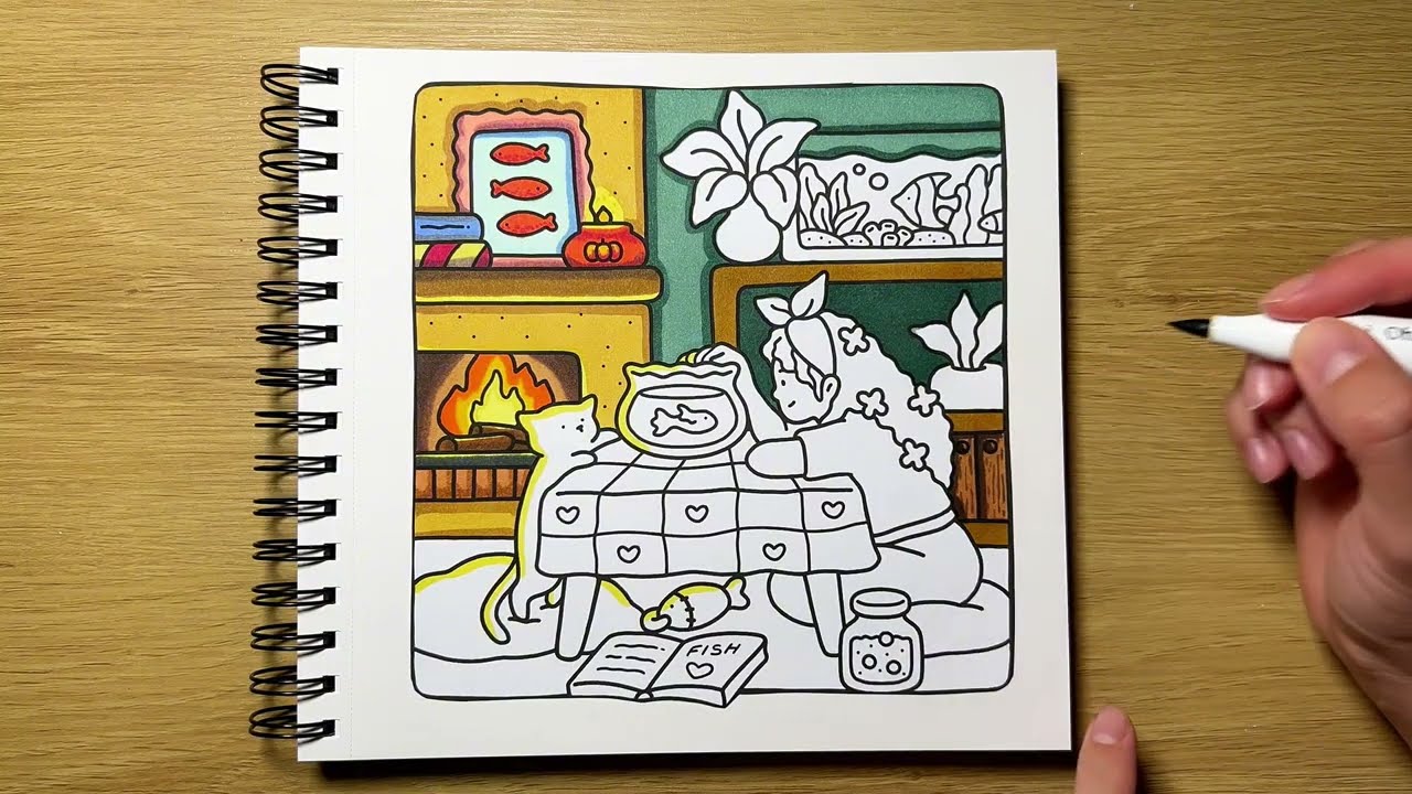 Color With Me | Cozy Girl, Cat & Goldfish 🐟💛 | Relaxing ASMR Coloring | Slow Calm Art