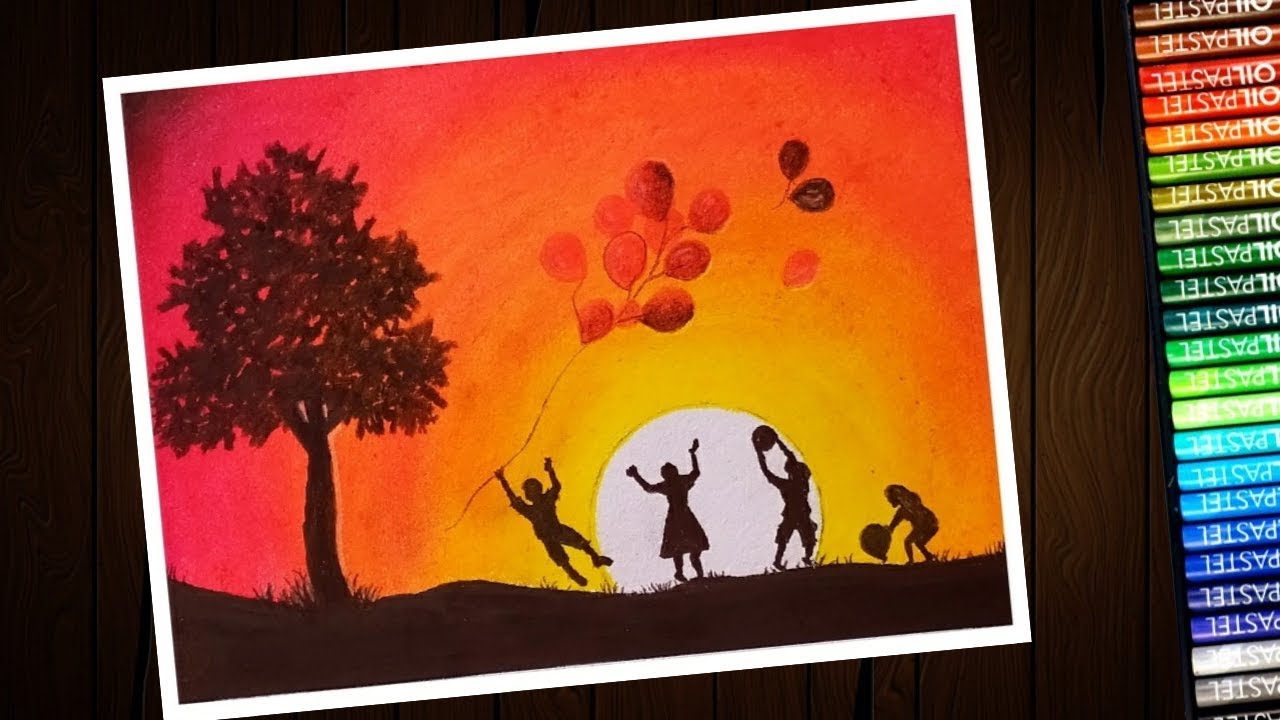 Children's day drawing with oil pastel for beginners - step by step