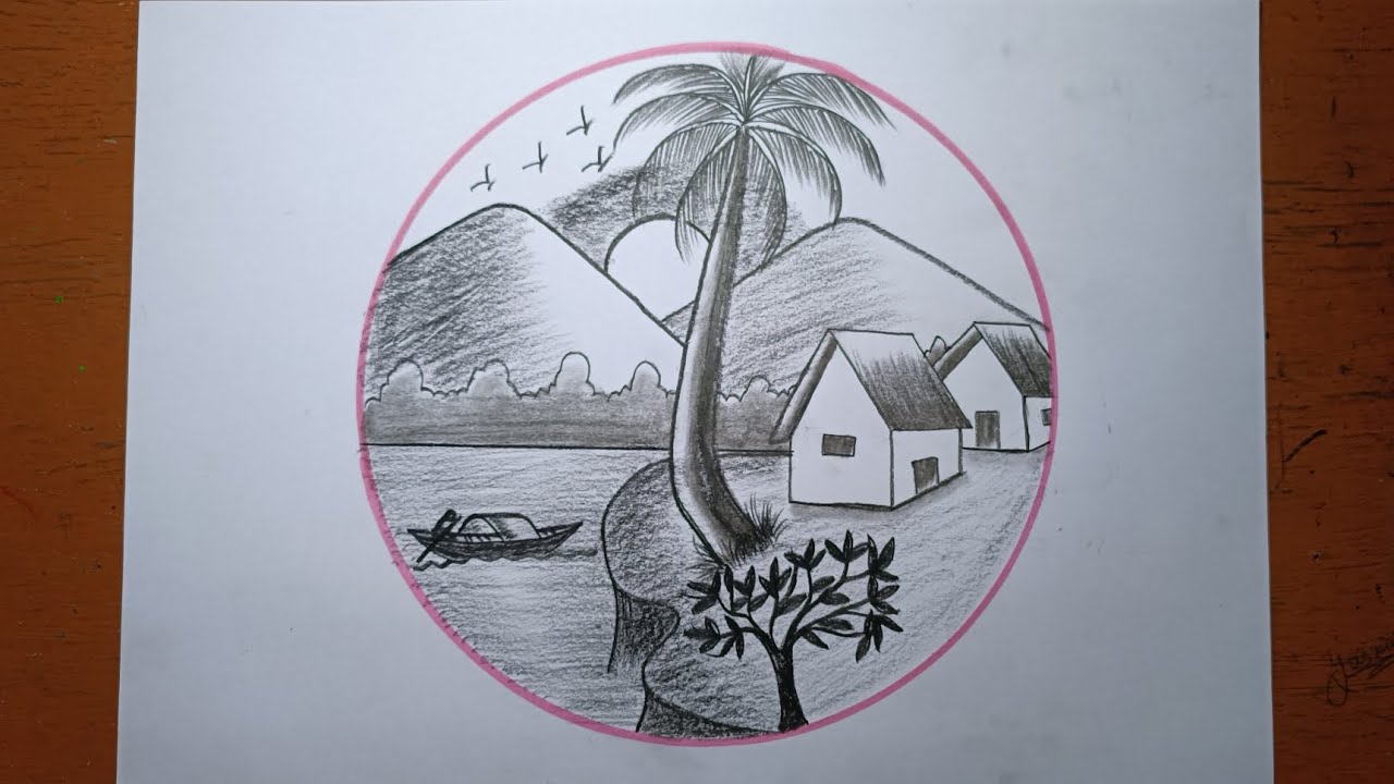 Easy circle scenery drawing /Easy drawing ideas for beginners/ How to draw pencil sketch drawing