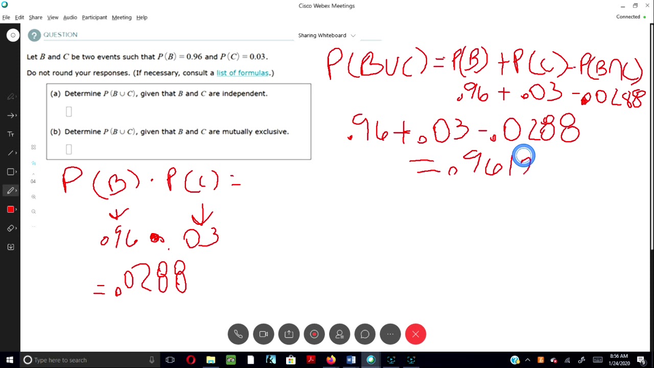 Probability of the union of mutually exclusive events and in