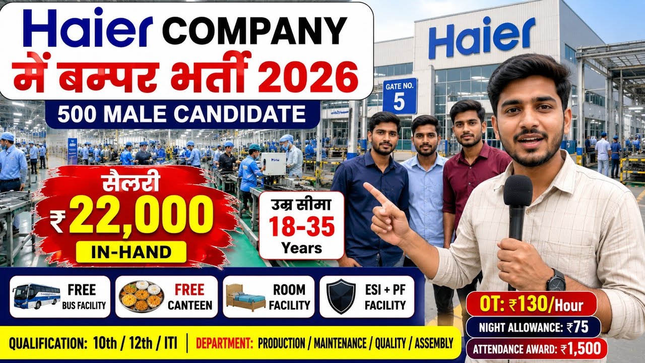 🔥 Noida Job Vacancy 2026 | Haier Company में 500 Male की भर्ती | 10th 12th ITI diploma graduate