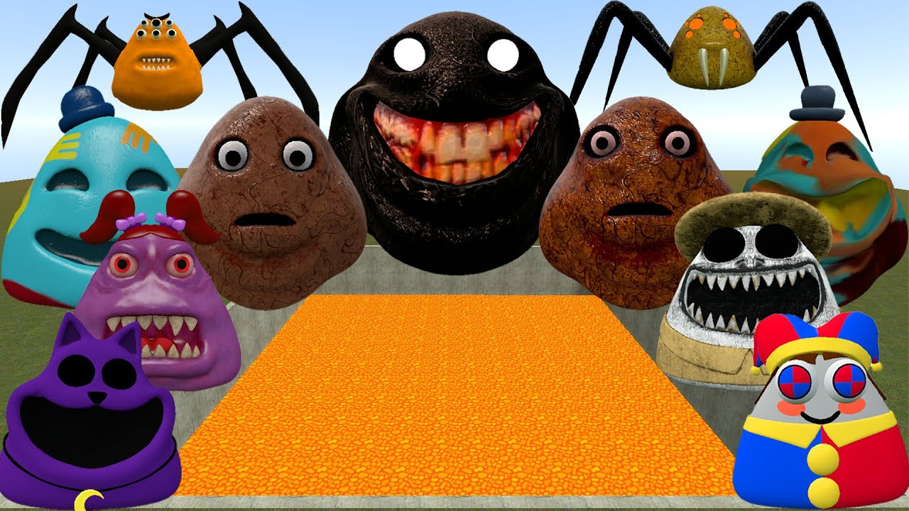LAVA POOL ALL POU BOU ARMY and SPRUNKI POU, SPIDER and GIRL BOU SPARTAN KICKING in GMod