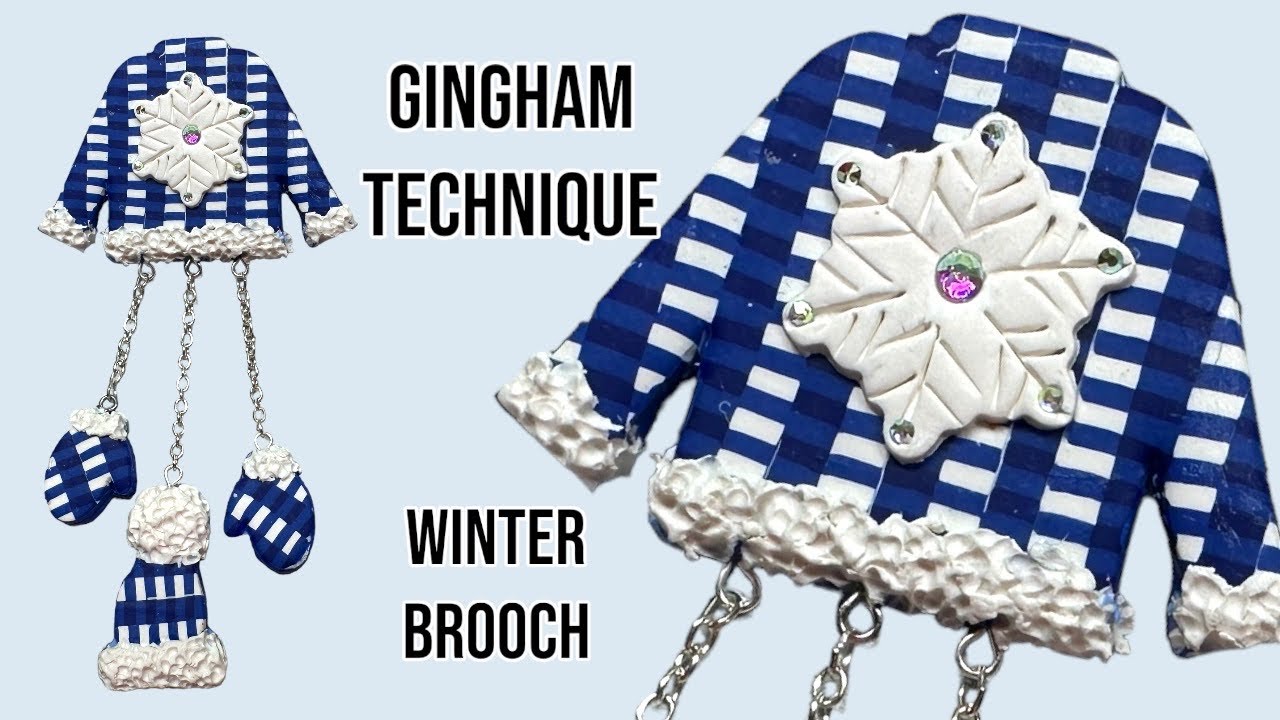 Polymer clay gingham technique brooch, winter brooch