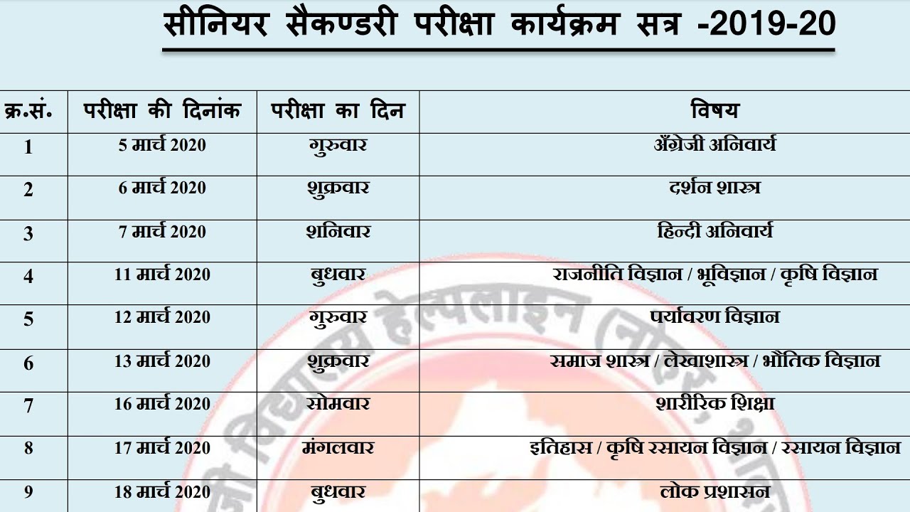 RBSE class 12 Time table 2020 Arts, Science, Commerce