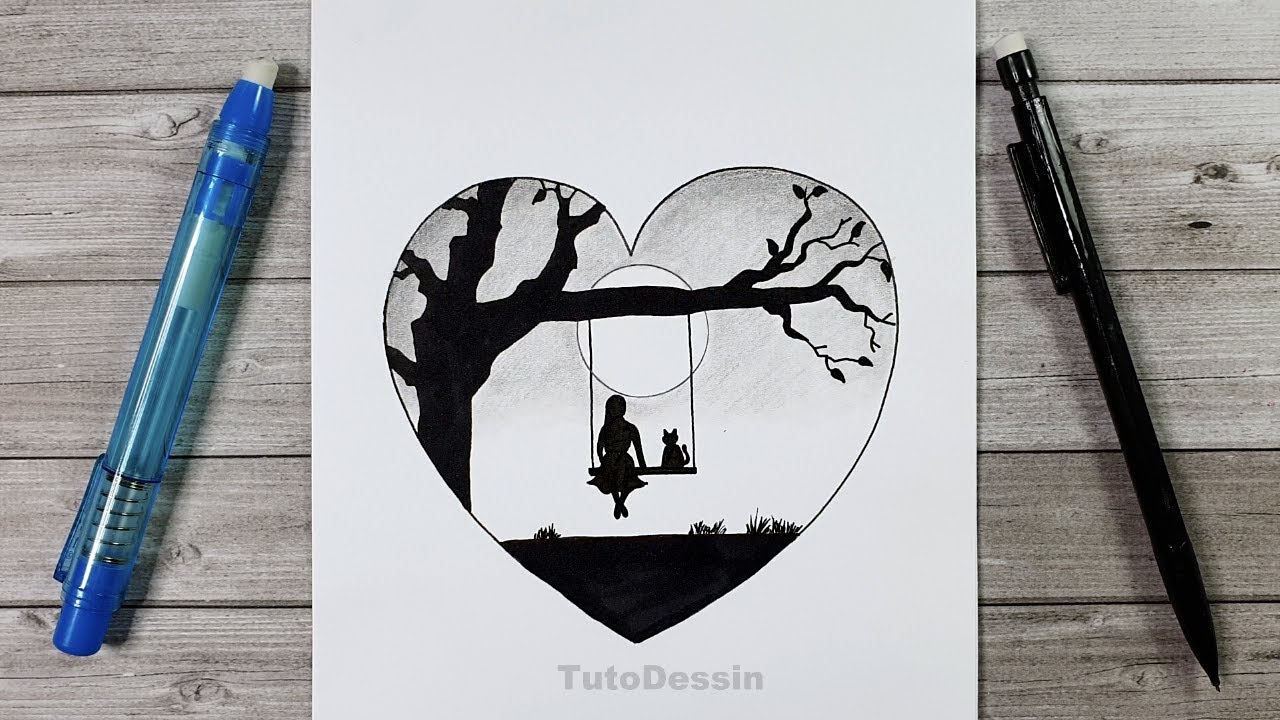Dessin dans un coeur | Comment dessiner une fille et un chat | École de dessin