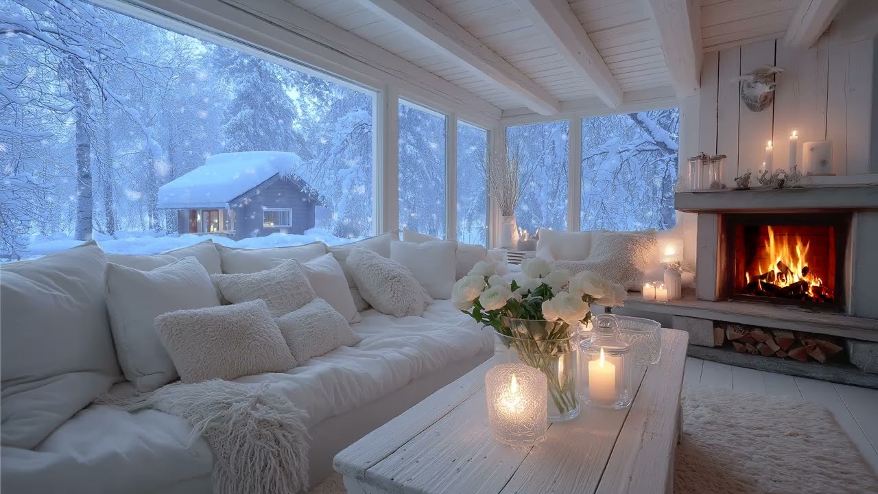 ❄️🎶 4 HOURS of Cozy Winter Lounge Piano Music with Snowfall & Fire for Calm Focus, Work & Study