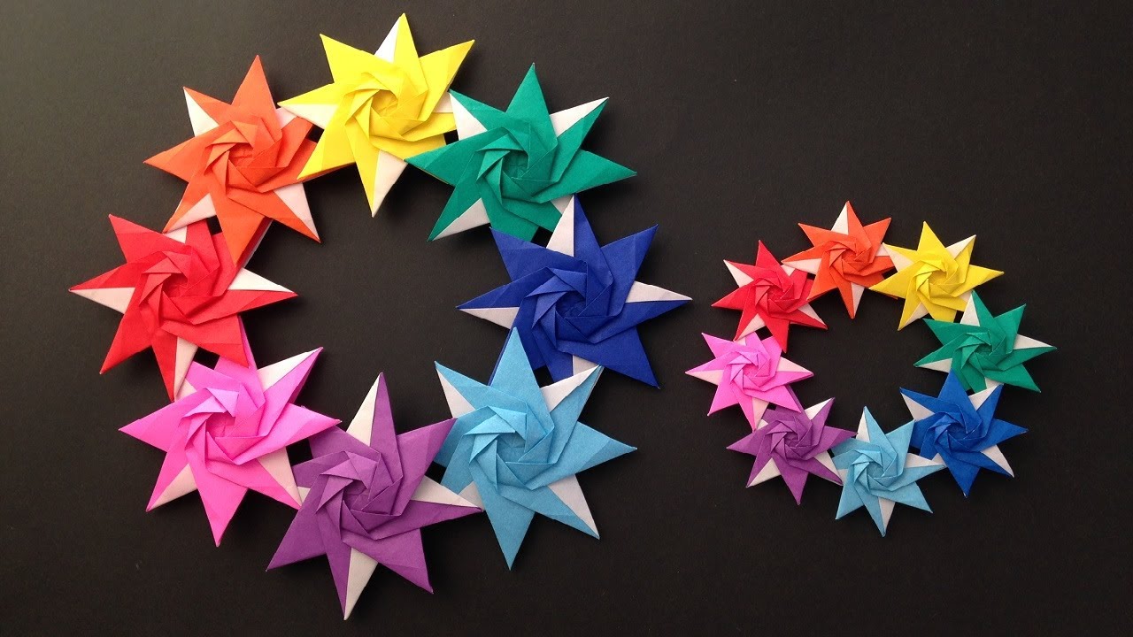 折り紙 2色の星のリース 折り方 Origami star wreath tutorial（niceno1）