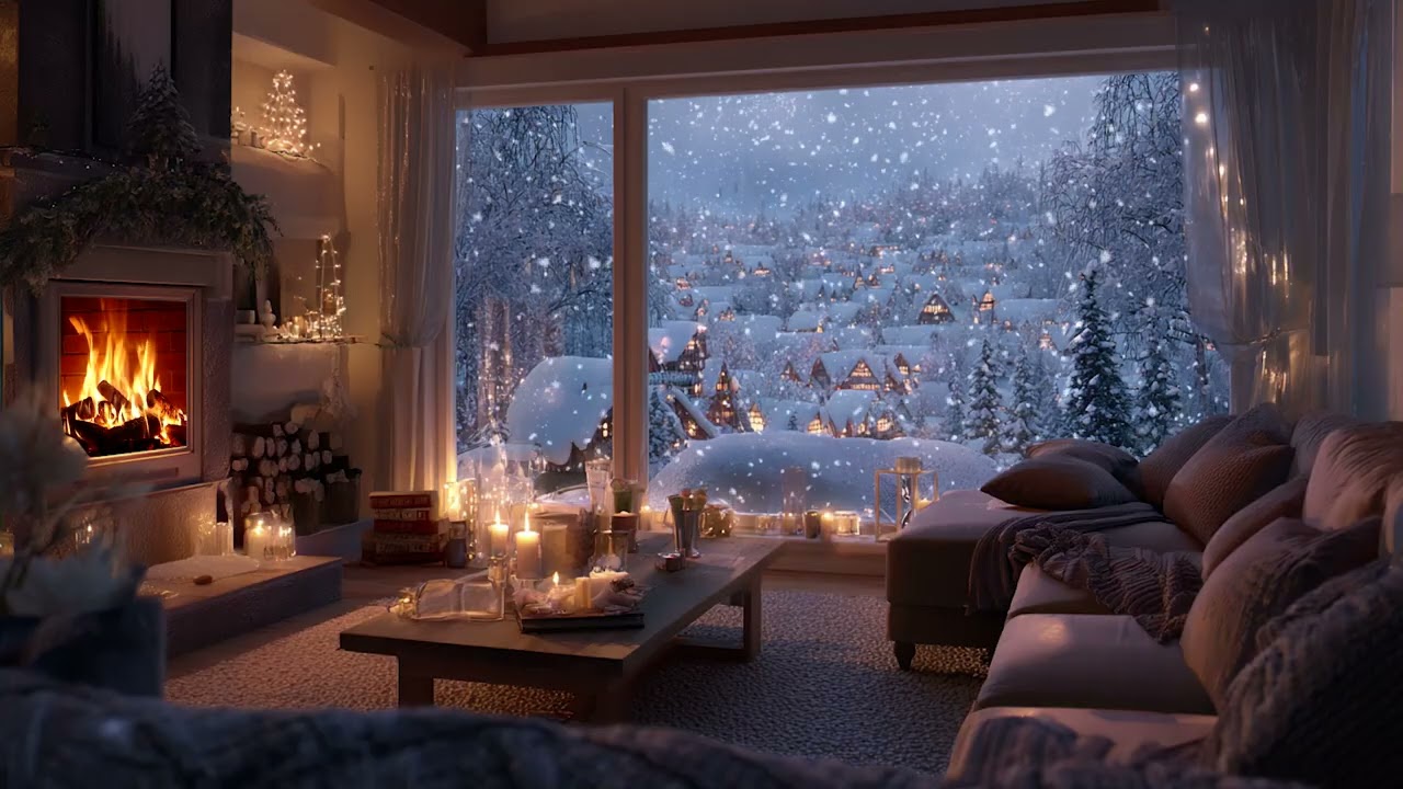 Peaceful Snowfall Cabin Piano Night | Fireplace Warmth for Relaxation